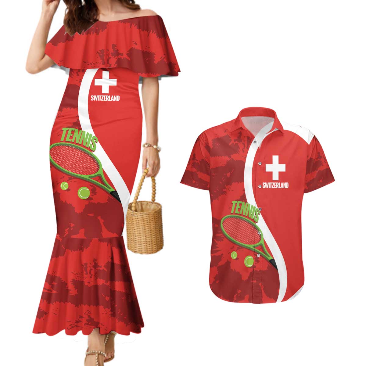 Personalised Switzerland Tennis Couples Matching Mermaid Dress and Hawaiian Shirt Swiss Born To Play - Wonder Print Shop