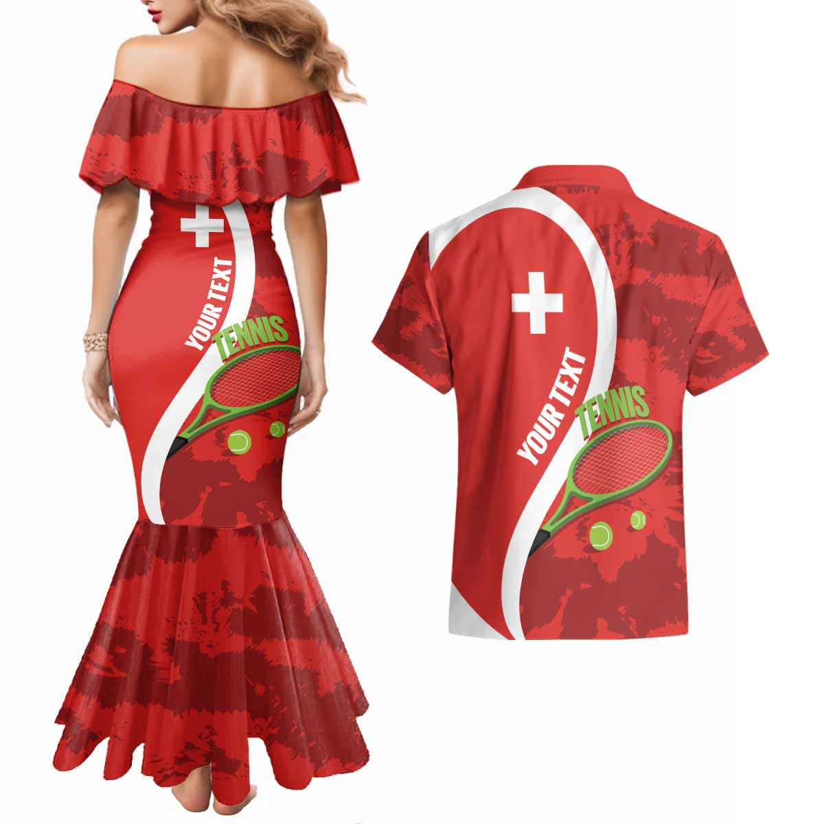 Personalised Switzerland Tennis Couples Matching Mermaid Dress and Hawaiian Shirt Swiss Born To Play - Wonder Print Shop