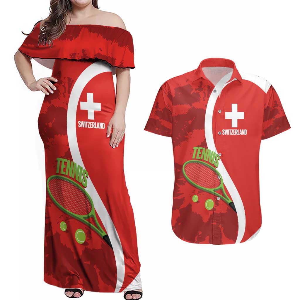 Personalised Switzerland Tennis Couples Matching Off Shoulder Maxi Dress and Hawaiian Shirt Swiss Born To Play - Wonder Print Shop