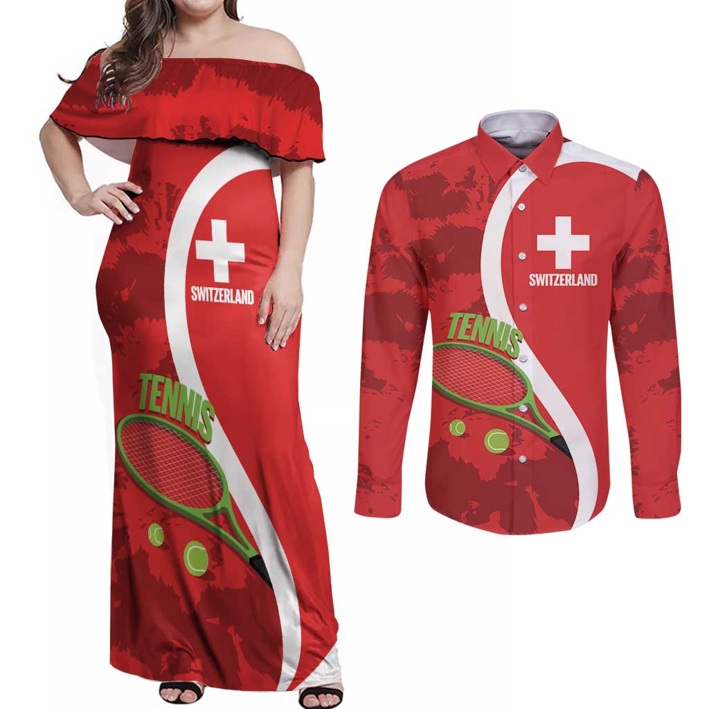 Personalised Switzerland Tennis Couples Matching Off Shoulder Maxi Dress and Long Sleeve Button Shirt Swiss Born To Play - Wonder Print Shop