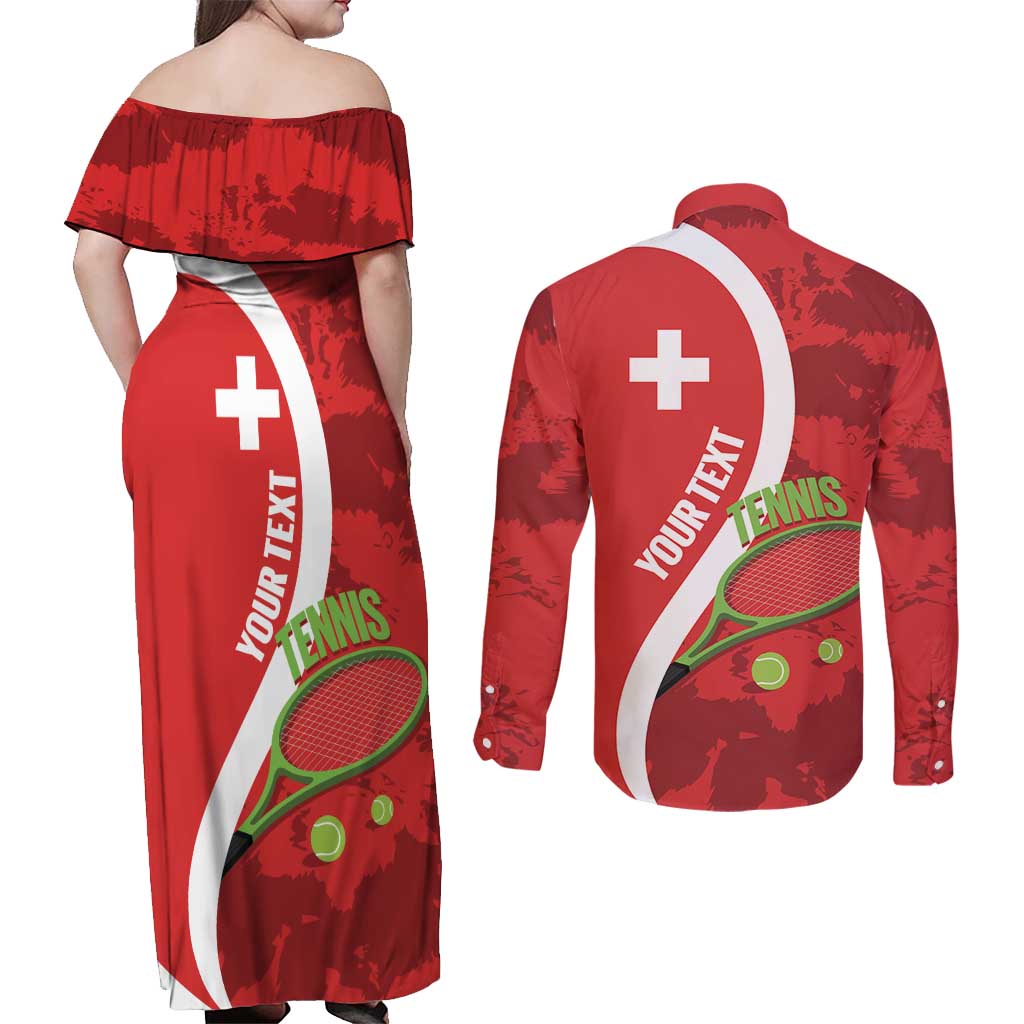 Personalised Switzerland Tennis Couples Matching Off Shoulder Maxi Dress and Long Sleeve Button Shirt Swiss Born To Play - Wonder Print Shop