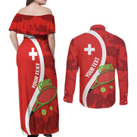 Personalised Switzerland Tennis Couples Matching Off Shoulder Maxi Dress and Long Sleeve Button Shirt Swiss Born To Play - Wonder Print Shop