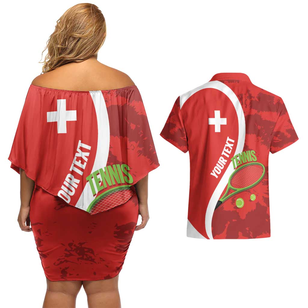 Personalised Switzerland Tennis Couples Matching Off Shoulder Short Dress and Hawaiian Shirt Swiss Born To Play - Wonder Print Shop