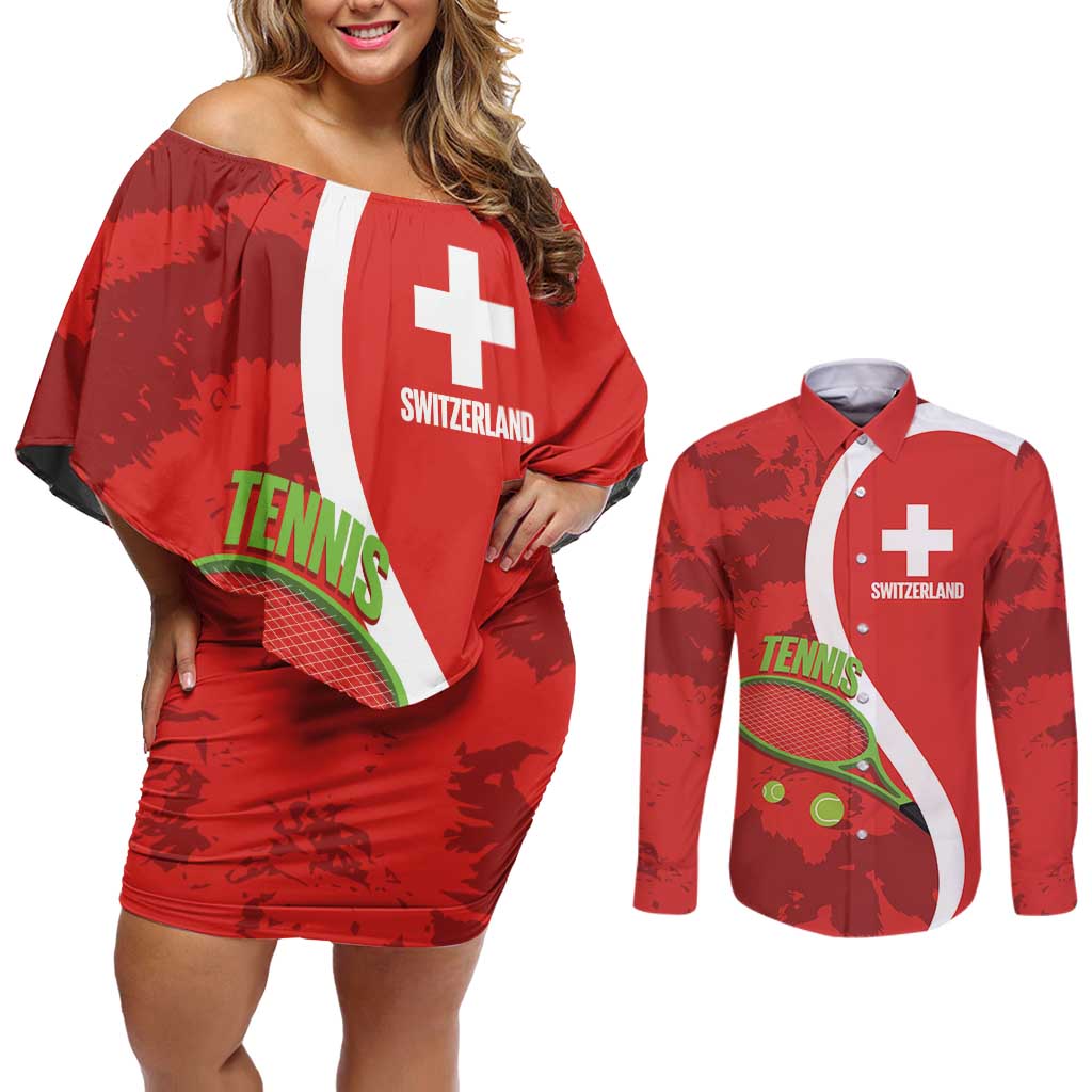 Personalised Switzerland Tennis Couples Matching Off Shoulder Short Dress and Long Sleeve Button Shirt Swiss Born To Play - Wonder Print Shop