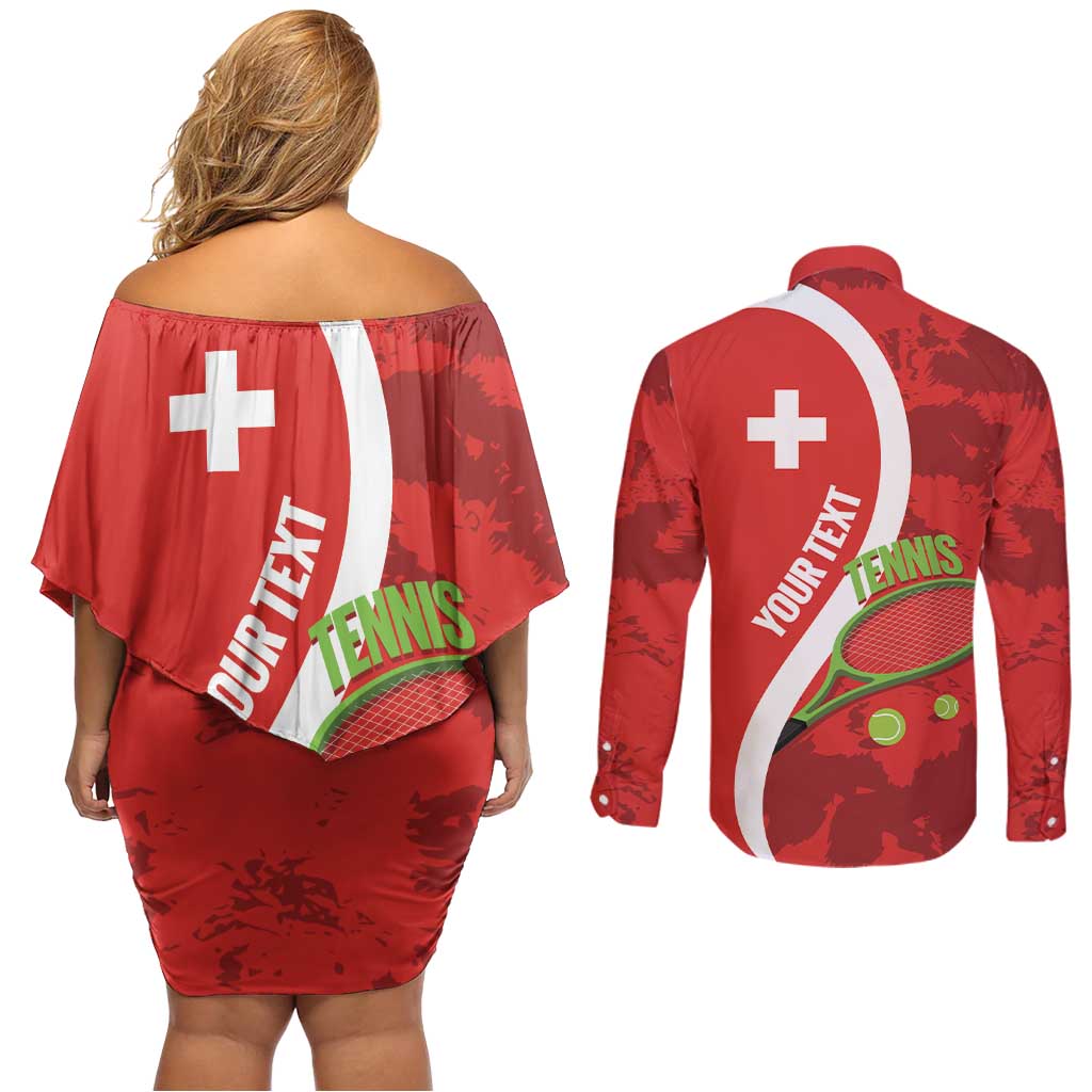 Personalised Switzerland Tennis Couples Matching Off Shoulder Short Dress and Long Sleeve Button Shirt Swiss Born To Play - Wonder Print Shop