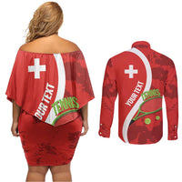 Personalised Switzerland Tennis Couples Matching Off Shoulder Short Dress and Long Sleeve Button Shirt Swiss Born To Play - Wonder Print Shop