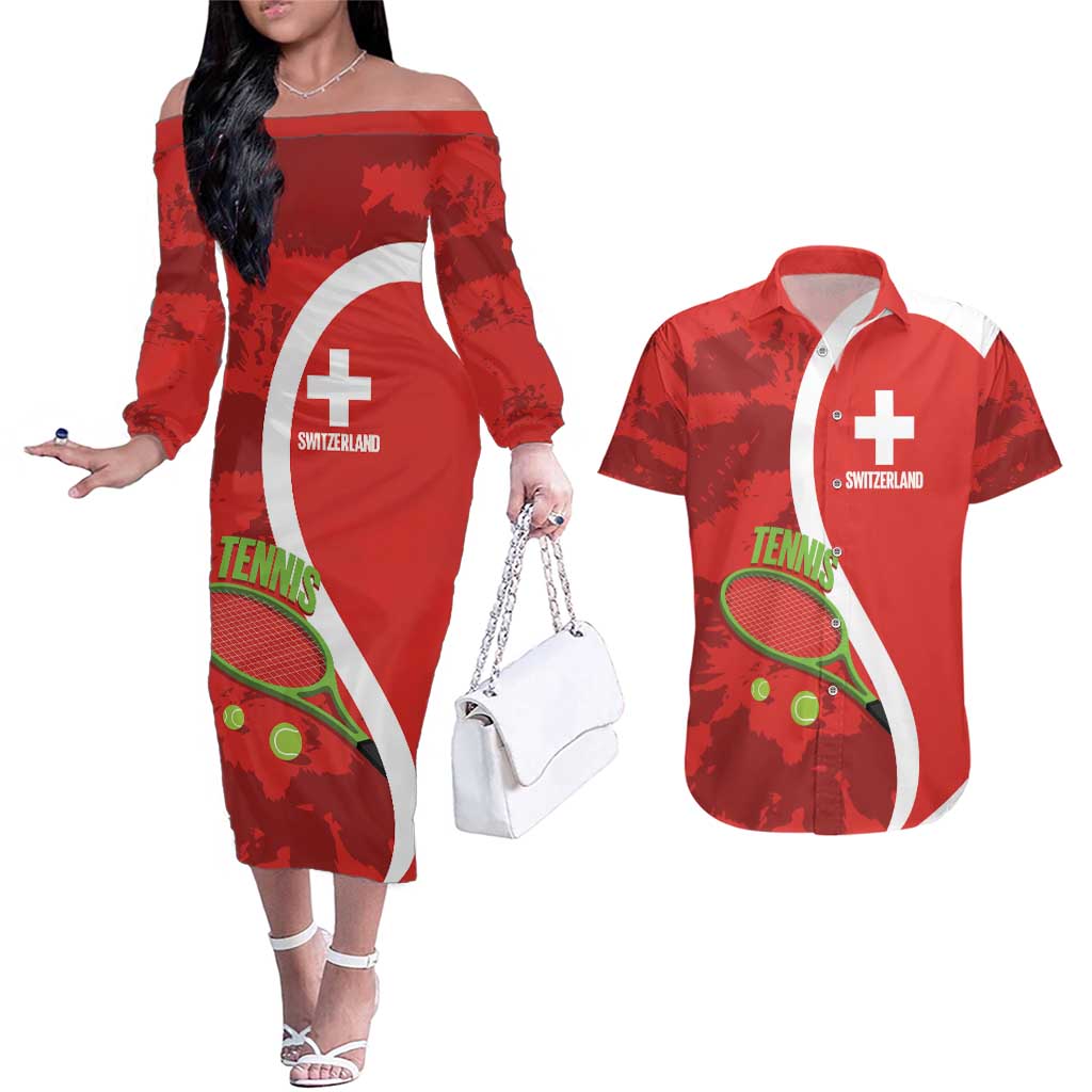 Personalised Switzerland Tennis Couples Matching Off The Shoulder Long Sleeve Dress and Hawaiian Shirt Swiss Born To Play - Wonder Print Shop