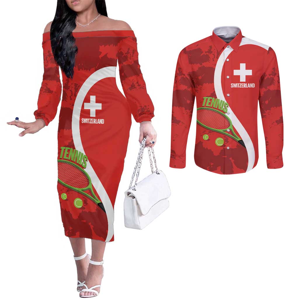Personalised Switzerland Tennis Couples Matching Off The Shoulder Long Sleeve Dress and Long Sleeve Button Shirt Swiss Born To Play - Wonder Print Shop