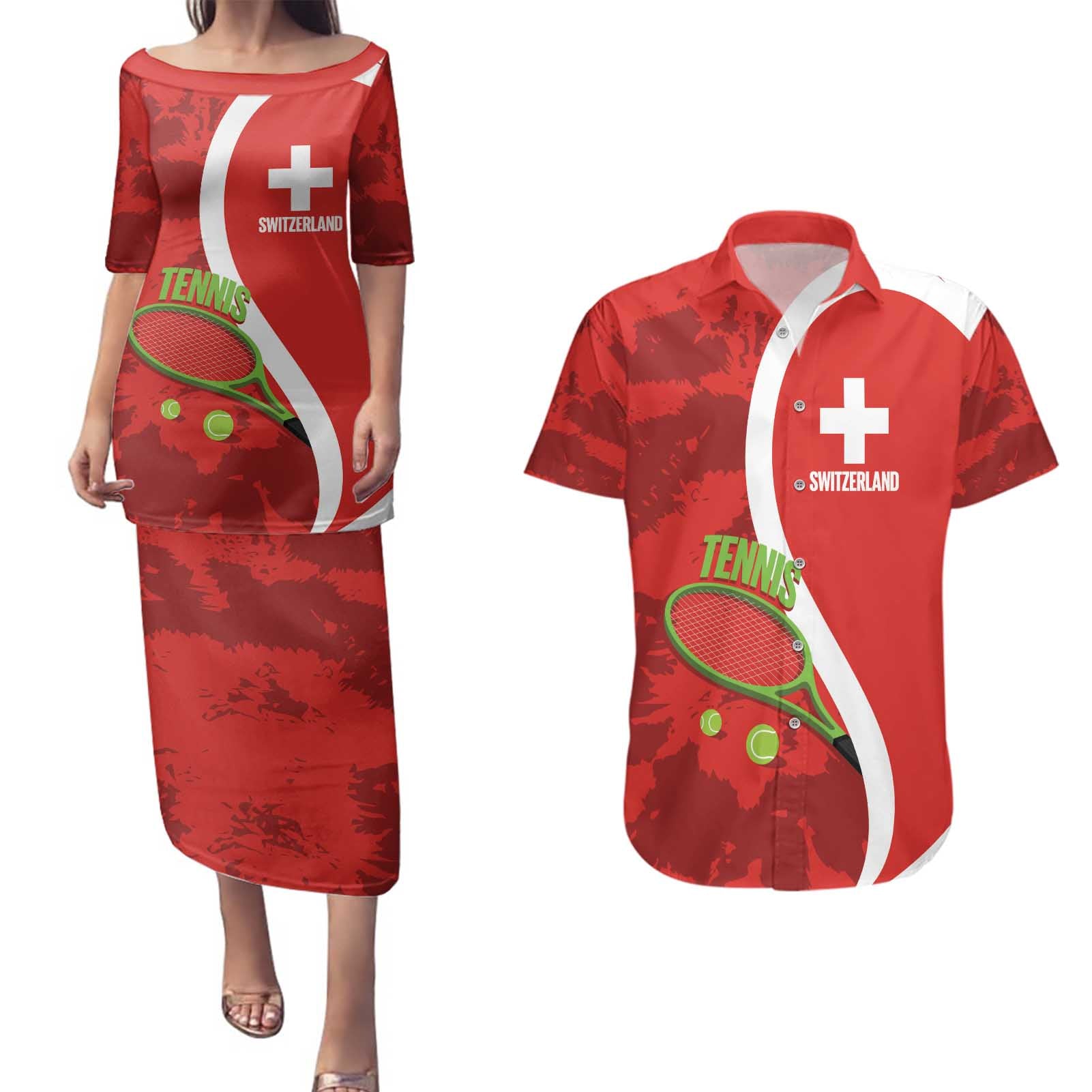 Personalised Switzerland Tennis Couples Matching Puletasi and Hawaiian Shirt Swiss Born To Play - Wonder Print Shop