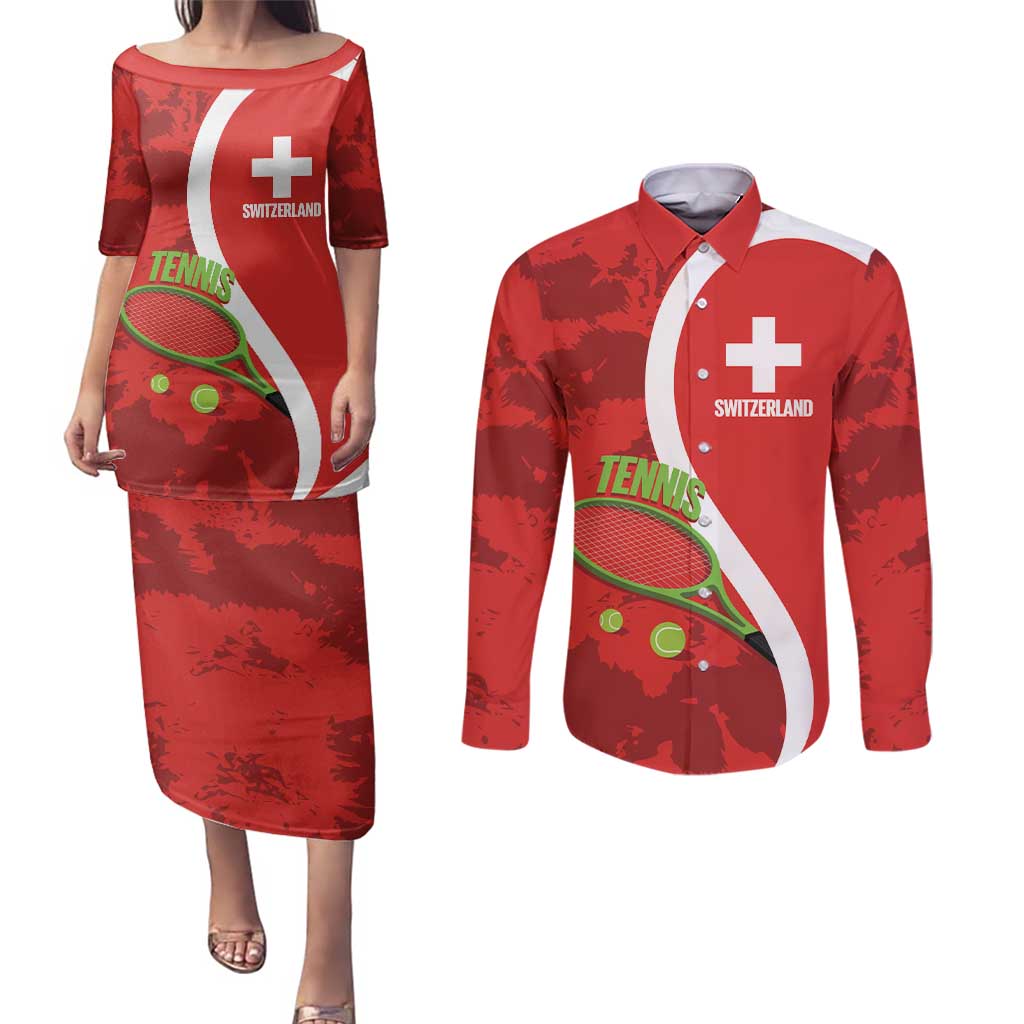 Personalised Switzerland Tennis Couples Matching Puletasi and Long Sleeve Button Shirt Swiss Born To Play - Wonder Print Shop