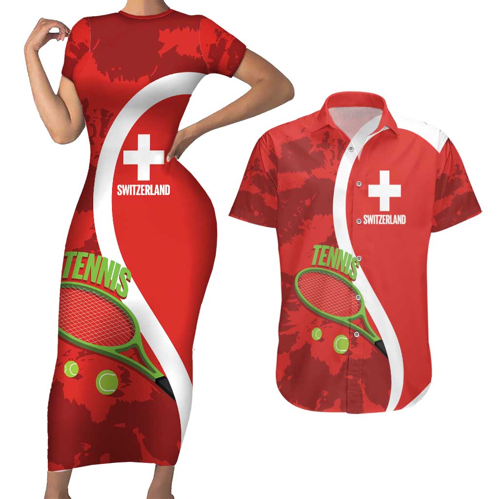 Personalised Switzerland Tennis Couples Matching Short Sleeve Bodycon Dress and Hawaiian Shirt Swiss Born To Play - Wonder Print Shop
