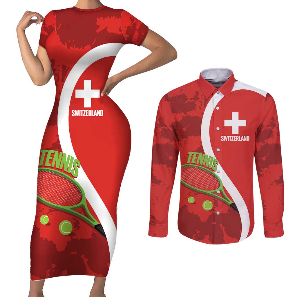 Personalised Switzerland Tennis Couples Matching Short Sleeve Bodycon Dress and Long Sleeve Button Shirt Swiss Born To Play - Wonder Print Shop