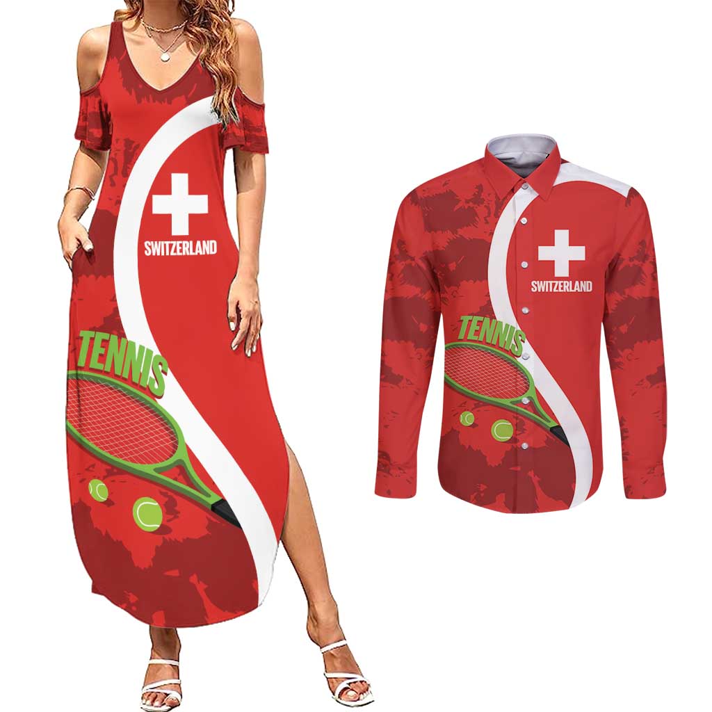 Personalised Switzerland Tennis Couples Matching Summer Maxi Dress and Long Sleeve Button Shirt Swiss Born To Play - Wonder Print Shop