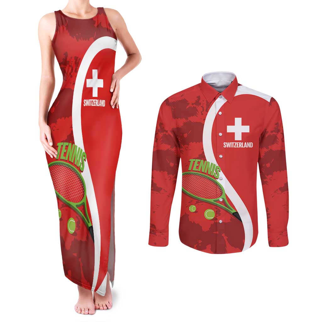 Personalised Switzerland Tennis Couples Matching Tank Maxi Dress and Long Sleeve Button Shirt Swiss Born To Play - Wonder Print Shop