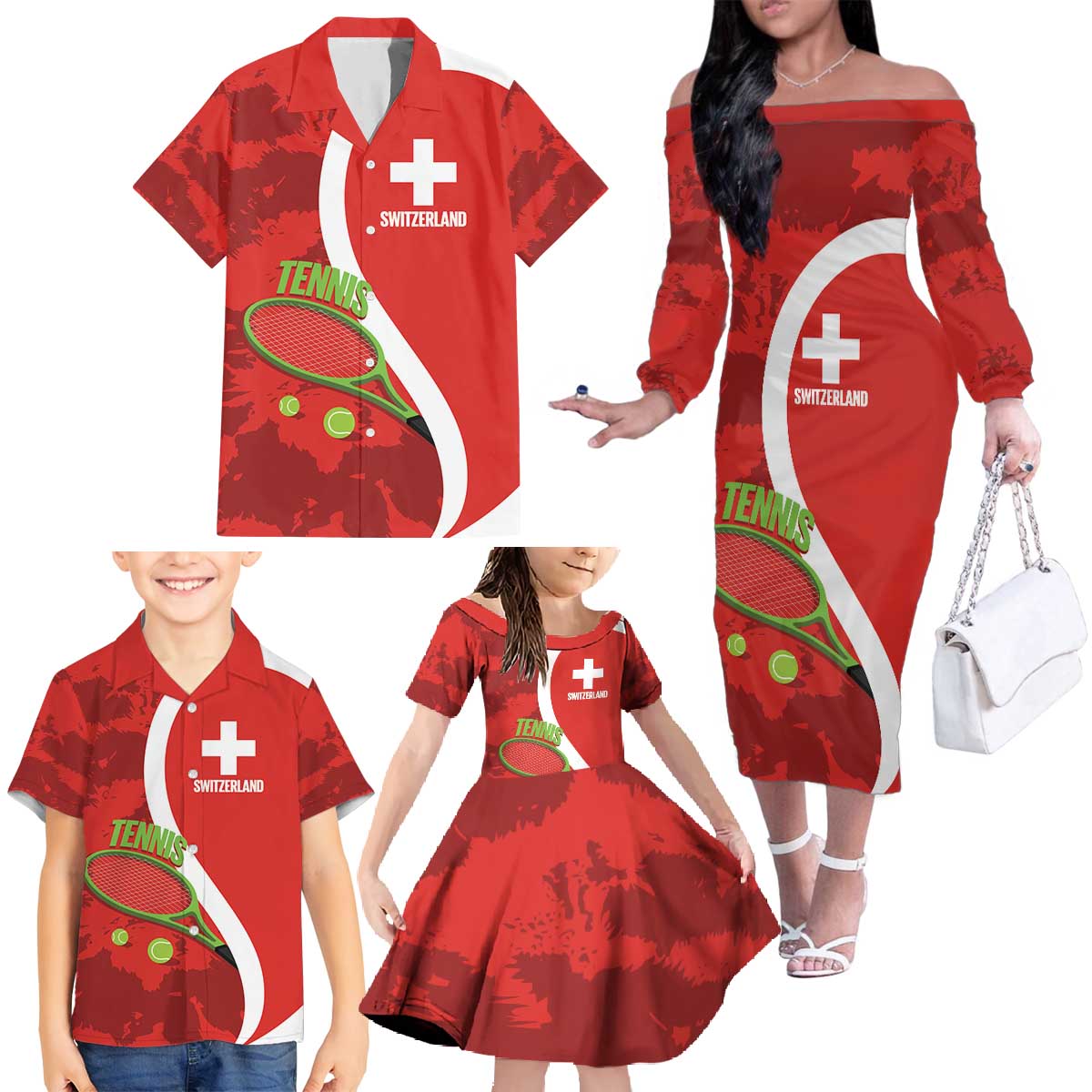 Personalised Switzerland Tennis Family Matching Off The Shoulder Long Sleeve Dress and Hawaiian Shirt Swiss Born To Play - Wonder Print Shop