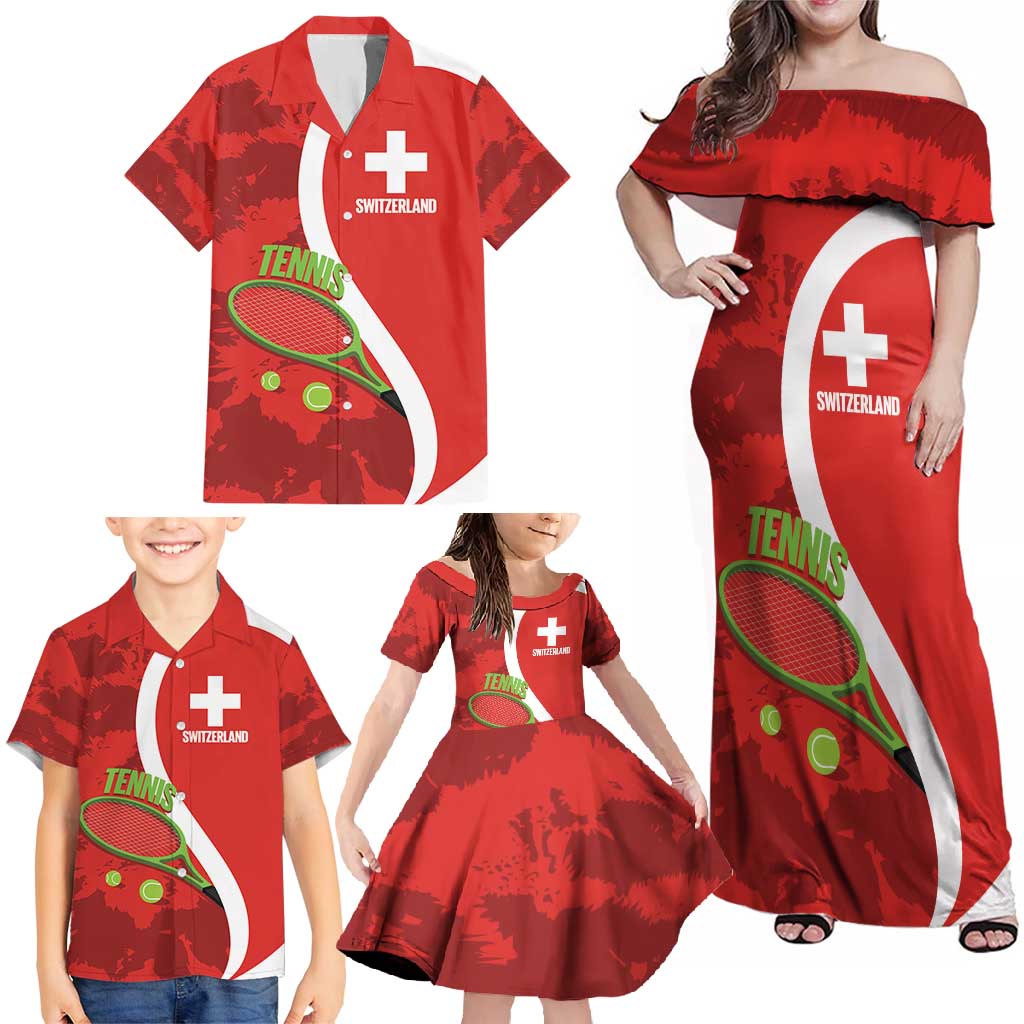 Personalised Switzerland Tennis Family Matching Off Shoulder Maxi Dress and Hawaiian Shirt Swiss Born To Play - Wonder Print Shop