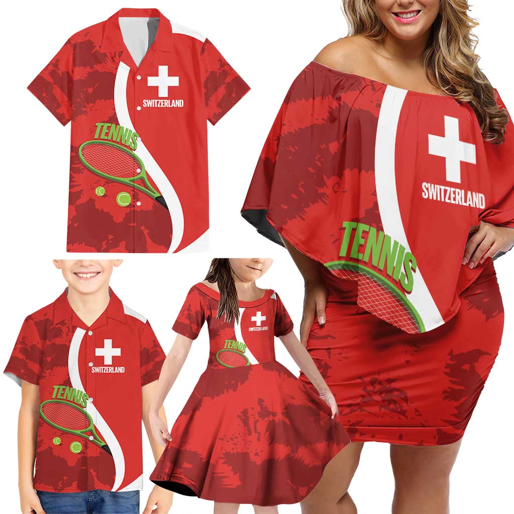 Personalised Switzerland Tennis Family Matching Off Shoulder Short Dress and Hawaiian Shirt Swiss Born To Play - Wonder Print Shop
