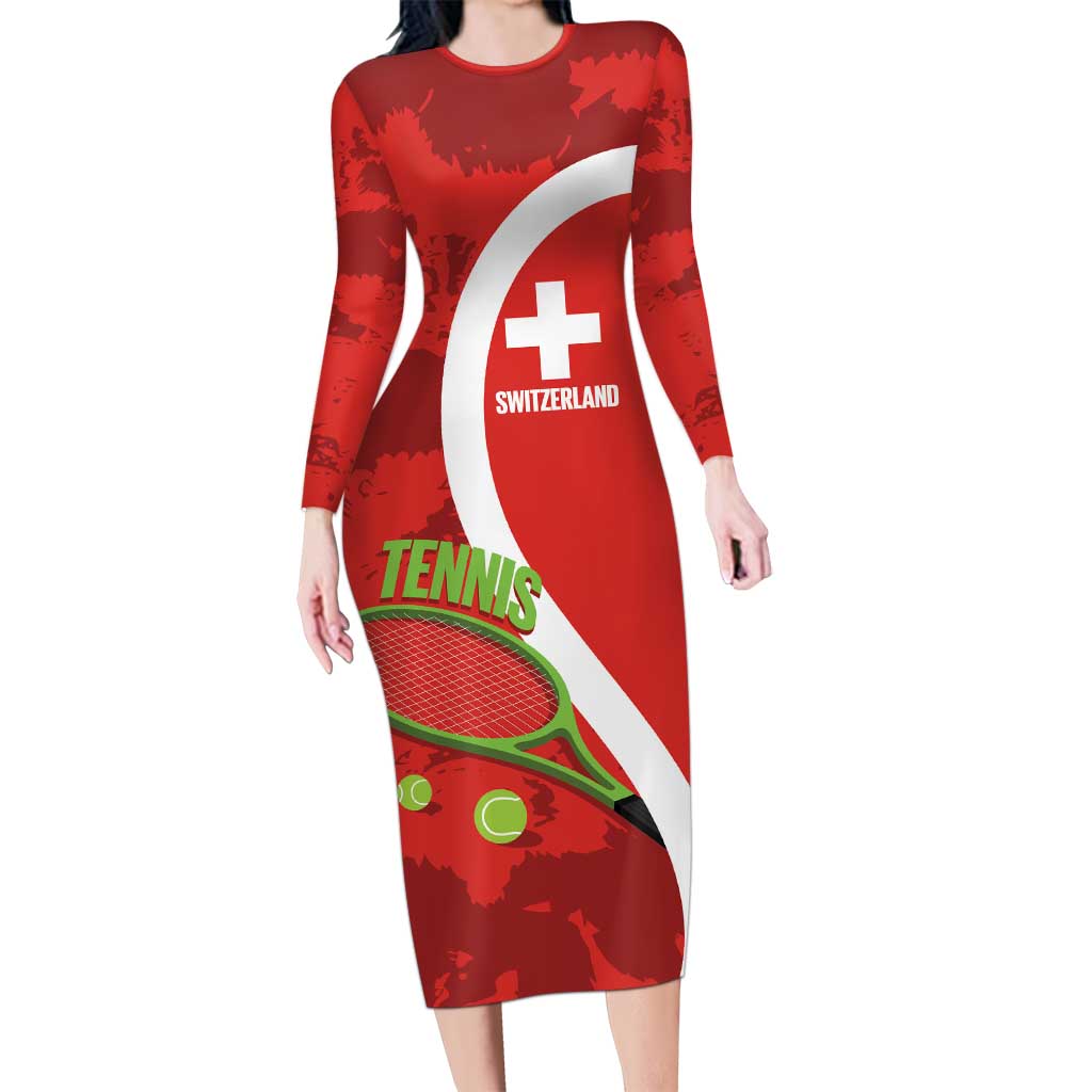 Personalised Switzerland Tennis Long Sleeve Bodycon Dress Swiss Born To Play - Wonder Print Shop