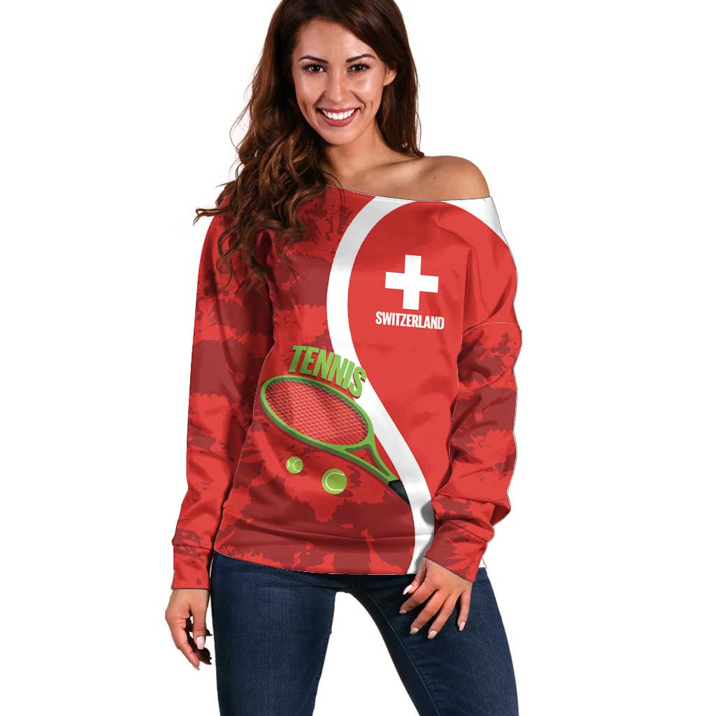 Personalised Switzerland Tennis Off Shoulder Sweater Swiss Born To Play - Wonder Print Shop