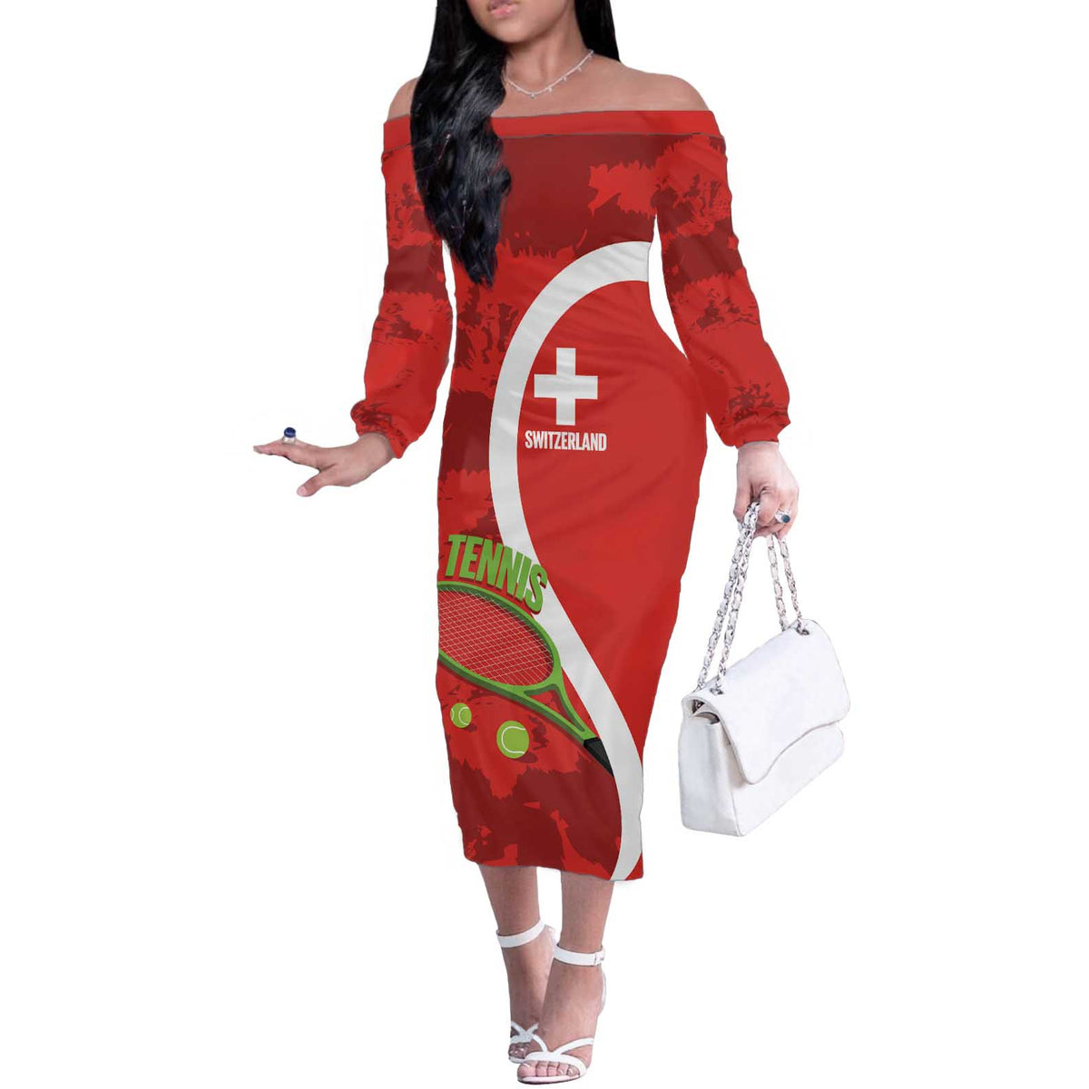 Personalised Switzerland Tennis Off The Shoulder Long Sleeve Dress Swiss Born To Play - Wonder Print Shop