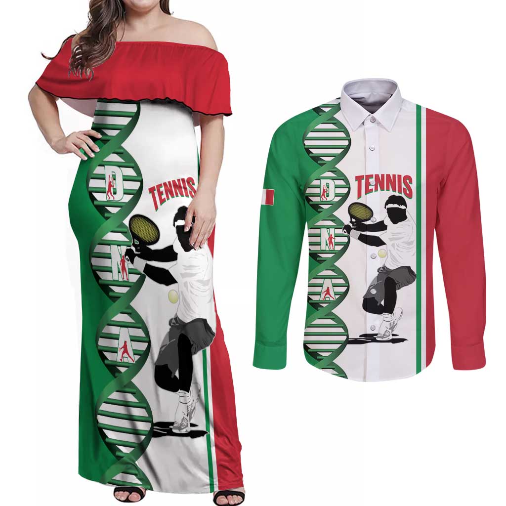 Personalised Italy Tennis Couples Matching Off Shoulder Maxi Dress and Long Sleeve Button Shirt Its In My DNA - Wonder Print Shop