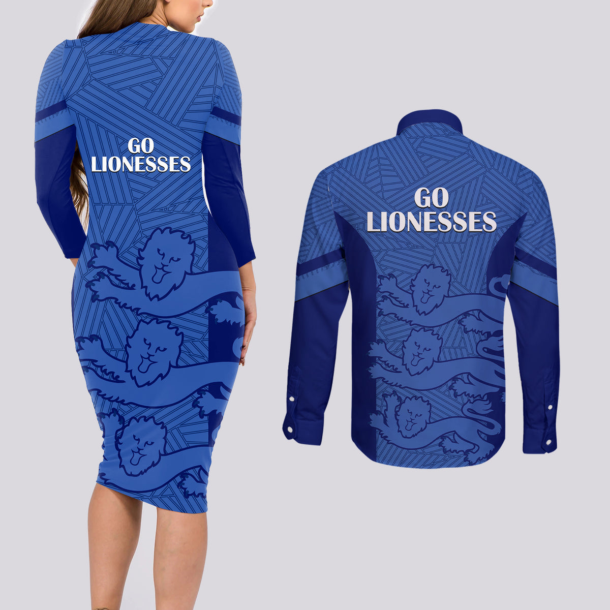 England Football Couples Matching Long Sleeve Bodycon Dress and Long Sleeve Button Shirts Go Lionesses 2023 World Cup - Wonder Print Shop