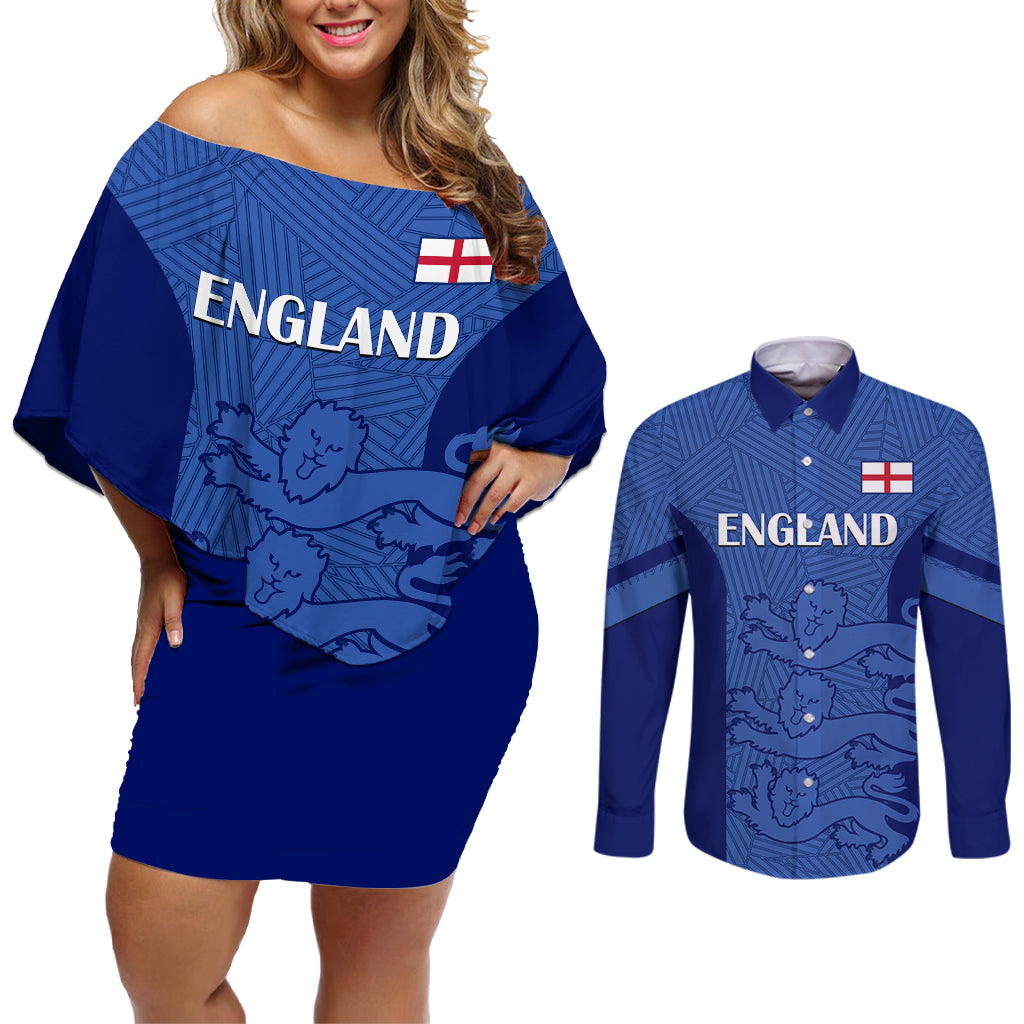 England Football Couples Matching Off Shoulder Short Dress and Long Sleeve Button Shirts Go Lionesses 2023 World Cup - Wonder Print Shop