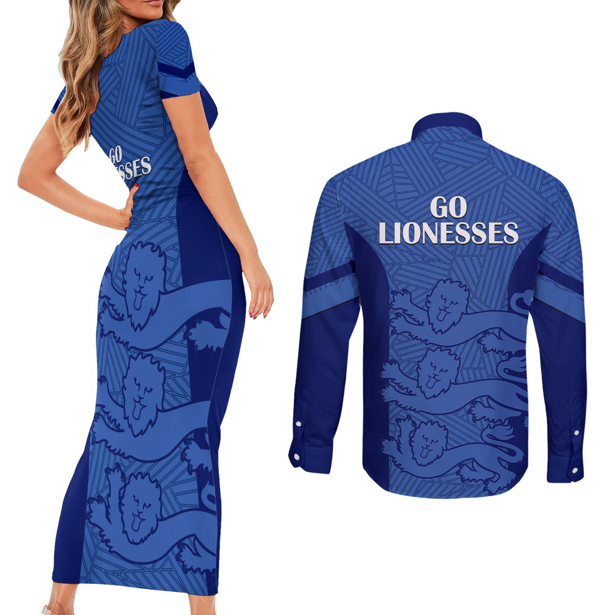 England Football Couples Matching Short Sleeve Bodycon Dress and Long Sleeve Button Shirts Go Lionesses 2023 World Cup - Wonder Print Shop