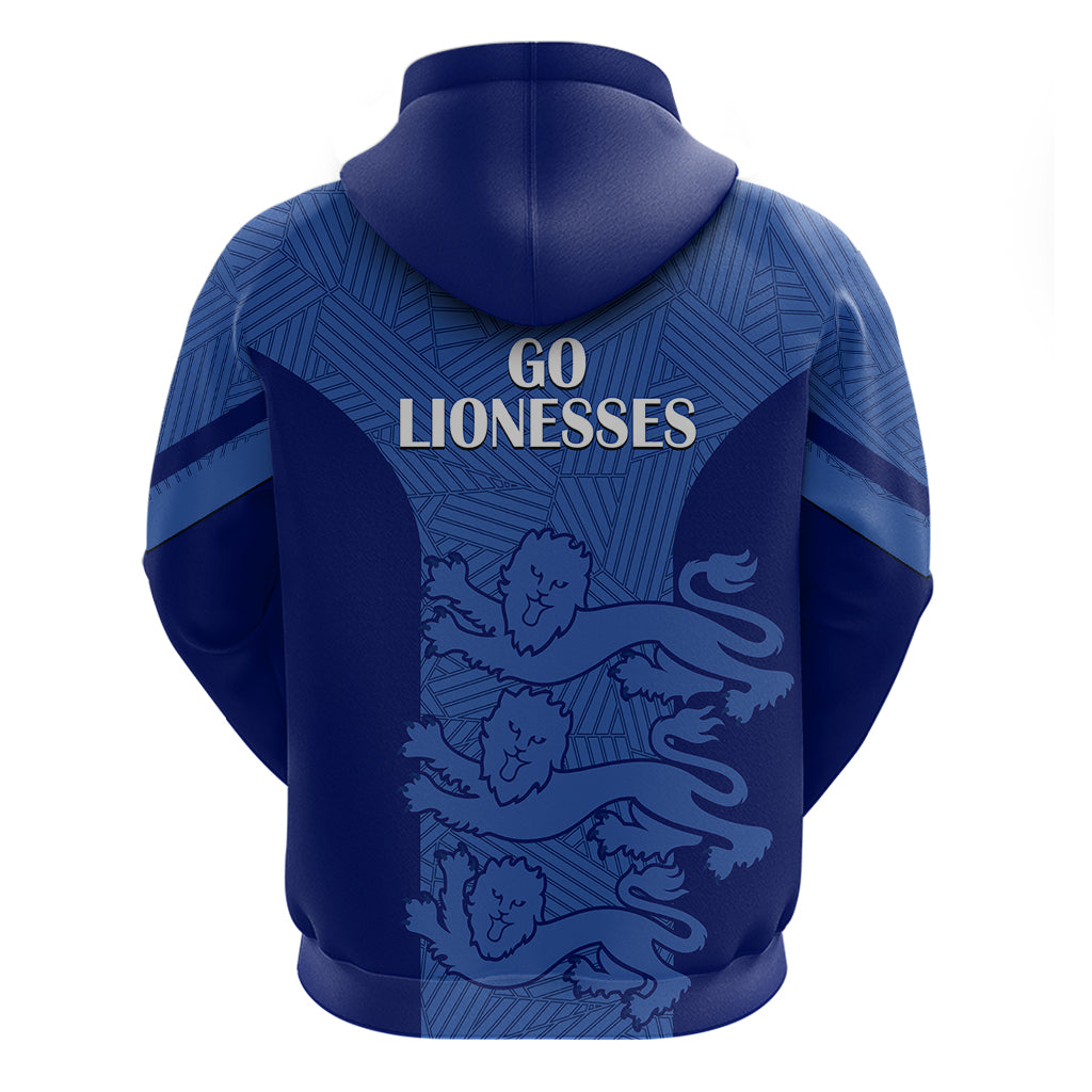 Blue England pullover hoodie back print with 'Go Lionesses' and hood drawstrings