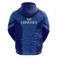 Blue England pullover hoodie back print with 'Go Lionesses' and hood drawstrings