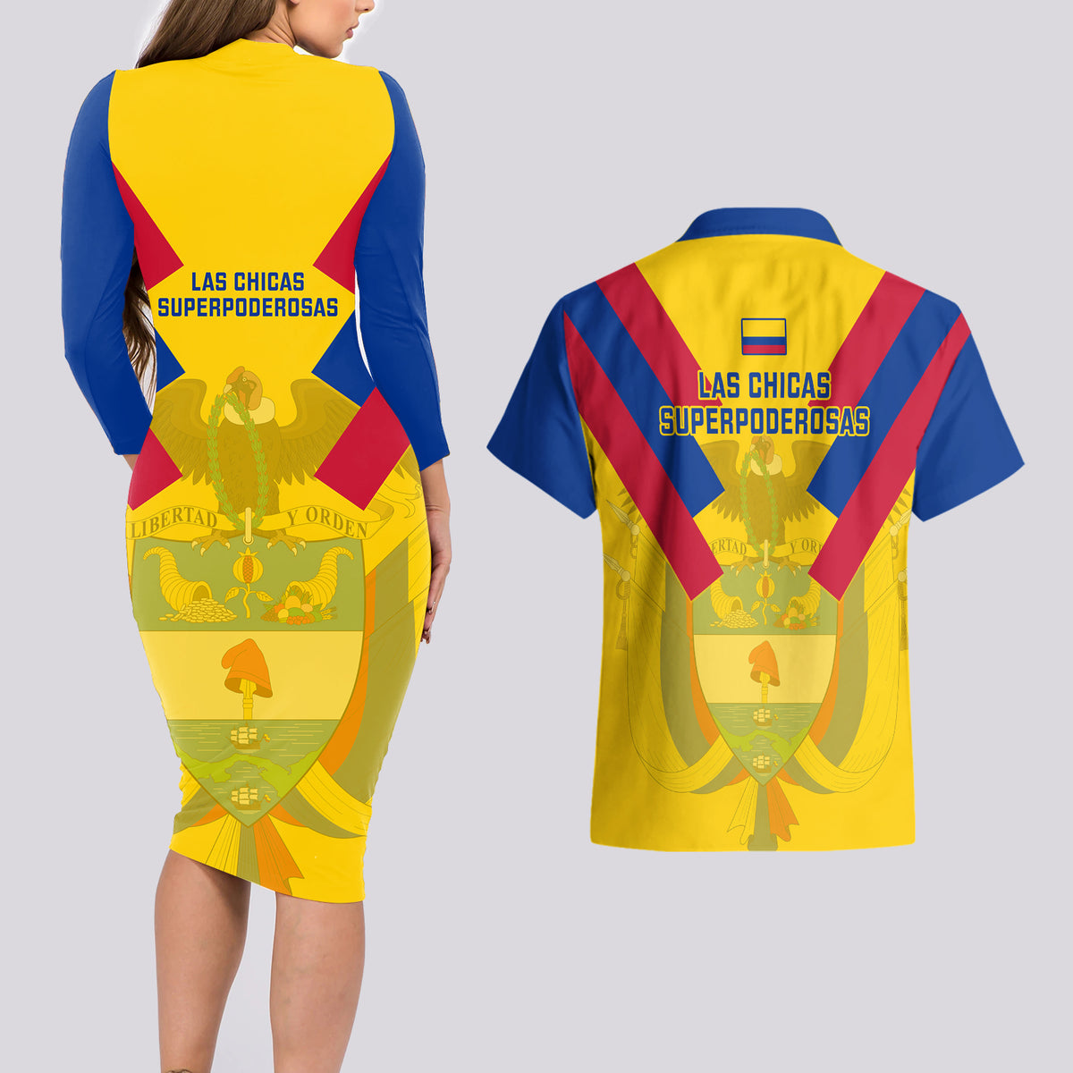 Colombia Football Couples Matching Long Sleeve Bodycon Dress and Hawaiian Shirt Las Chicas Superpoderosas 2023 World Cup - Wonder Print Shop