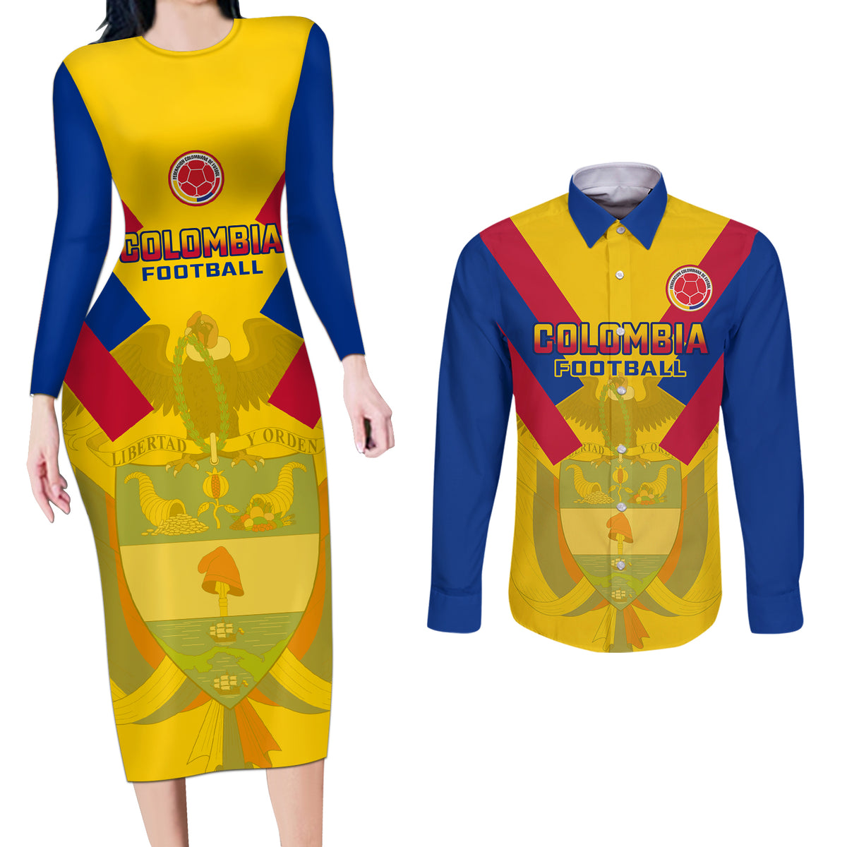 Colombia Football Couples Matching Long Sleeve Bodycon Dress and Long Sleeve Button Shirts Las Chicas Superpoderosas 2023 World Cup - Wonder Print Shop