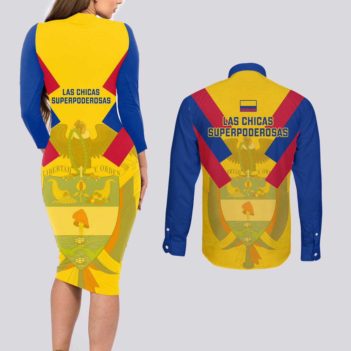 Colombia Football Couples Matching Long Sleeve Bodycon Dress and Long Sleeve Button Shirts Las Chicas Superpoderosas 2023 World Cup - Wonder Print Shop