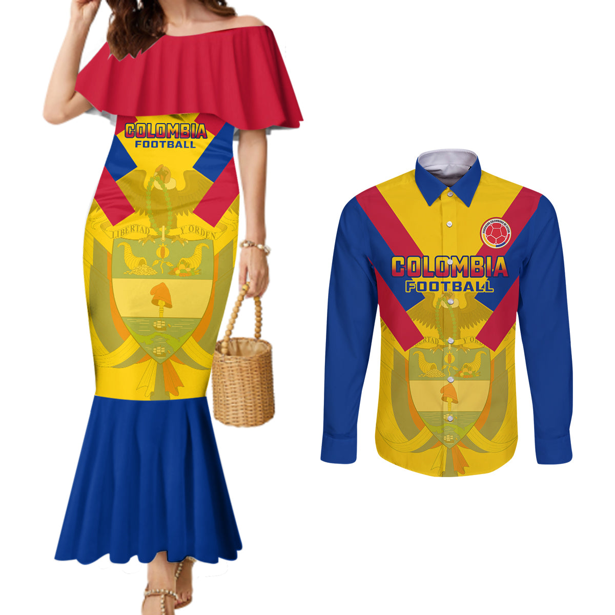 colombia-football-couples-matching-mermaid-dress-and-long-sleeve-button-shirts-las-chicas-superpoderosas-2023-world-cup