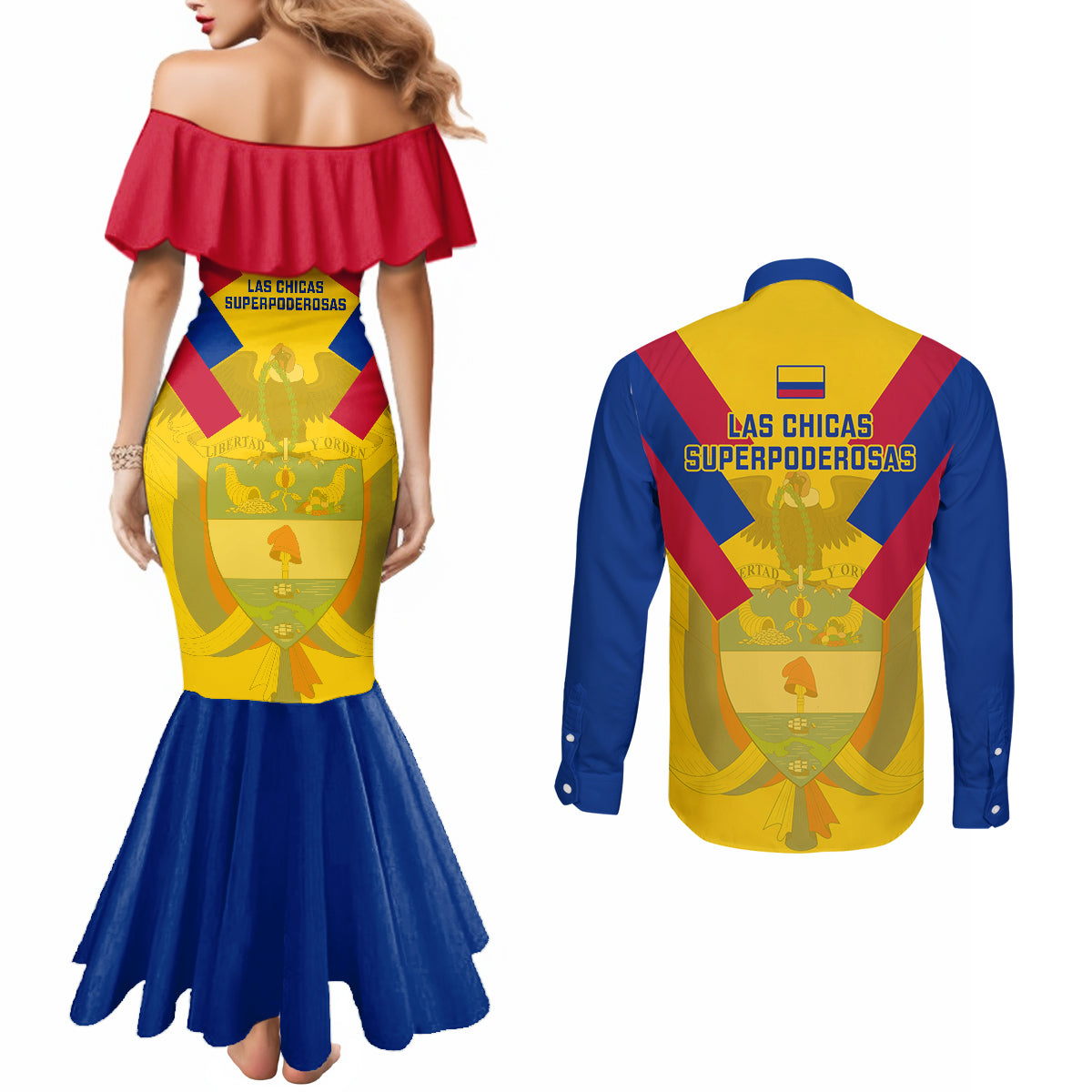 colombia-football-couples-matching-mermaid-dress-and-long-sleeve-button-shirts-las-chicas-superpoderosas-2023-world-cup