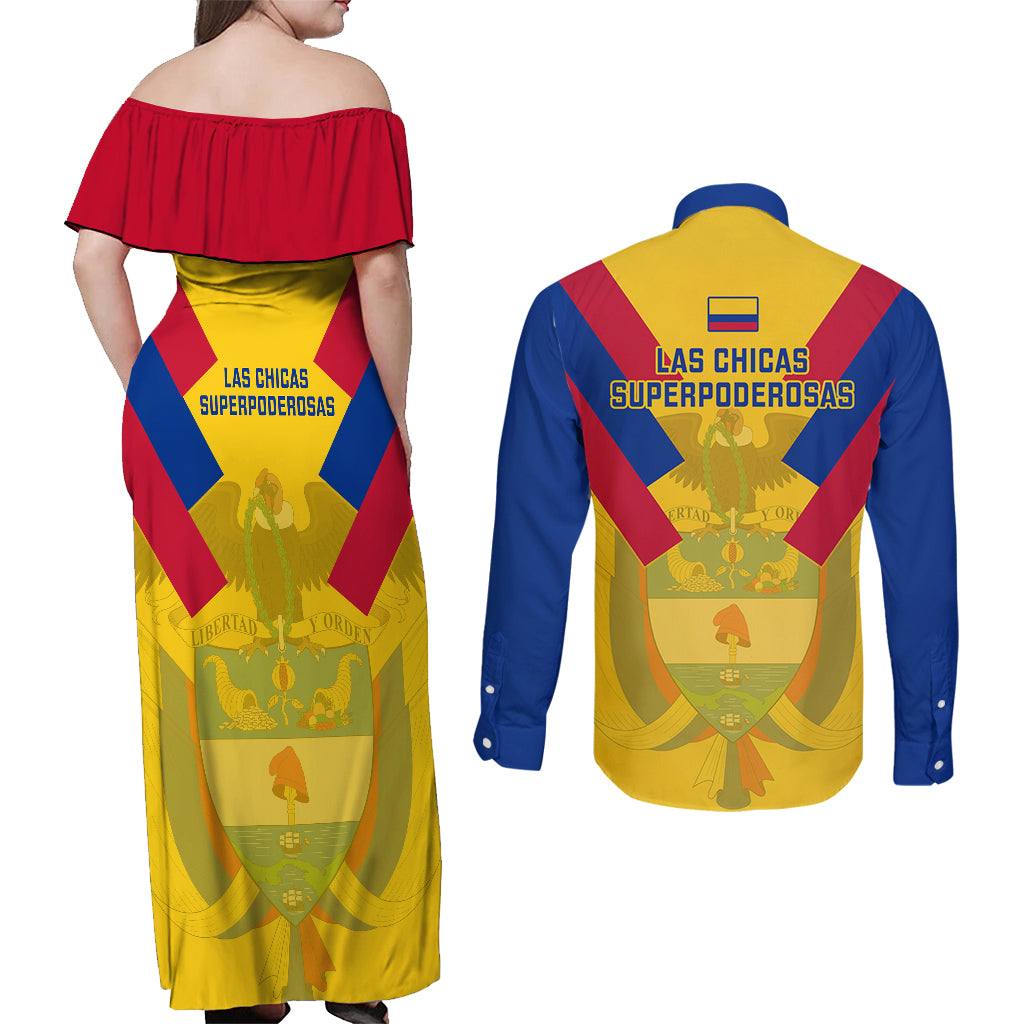 Colombia Football Couples Matching Off Shoulder Maxi Dress and Long Sleeve Button Shirts Las Chicas Superpoderosas 2023 World Cup - Wonder Print Shop