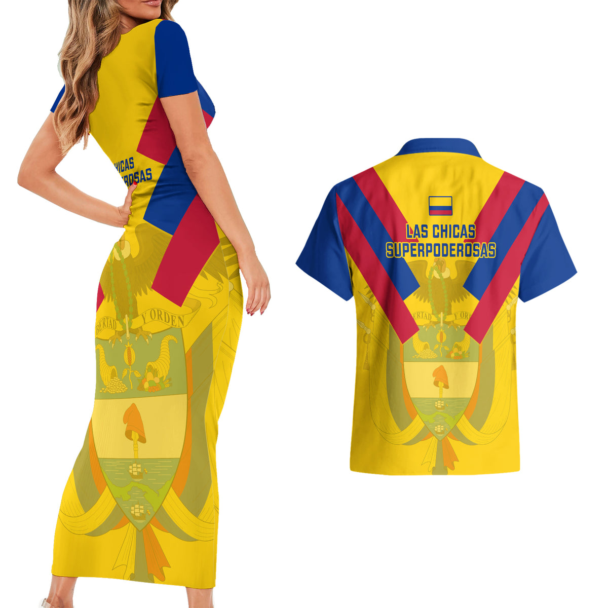 Colombia Football Couples Matching Short Sleeve Bodycon Dress and Hawaiian Shirt Las Chicas Superpoderosas 2023 World Cup - Wonder Print Shop