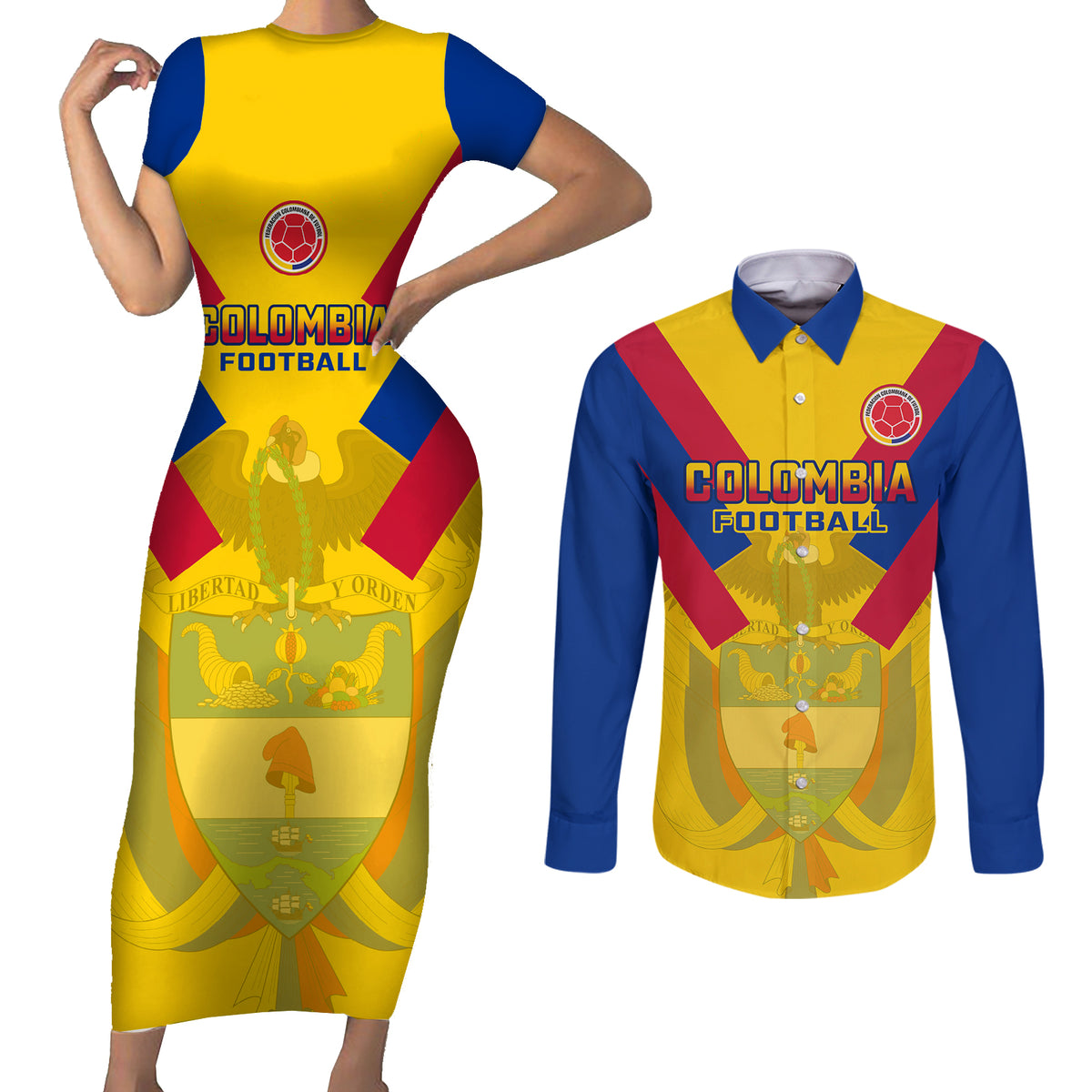 Colombia Football Couples Matching Short Sleeve Bodycon Dress and Long Sleeve Button Shirts Las Chicas Superpoderosas 2023 World Cup - Wonder Print Shop