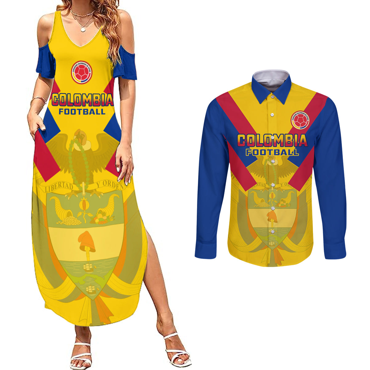 Colombia Football Couples Matching Summer Maxi Dress and Long Sleeve Button Shirts Las Chicas Superpoderosas 2023 World Cup - Wonder Print Shop