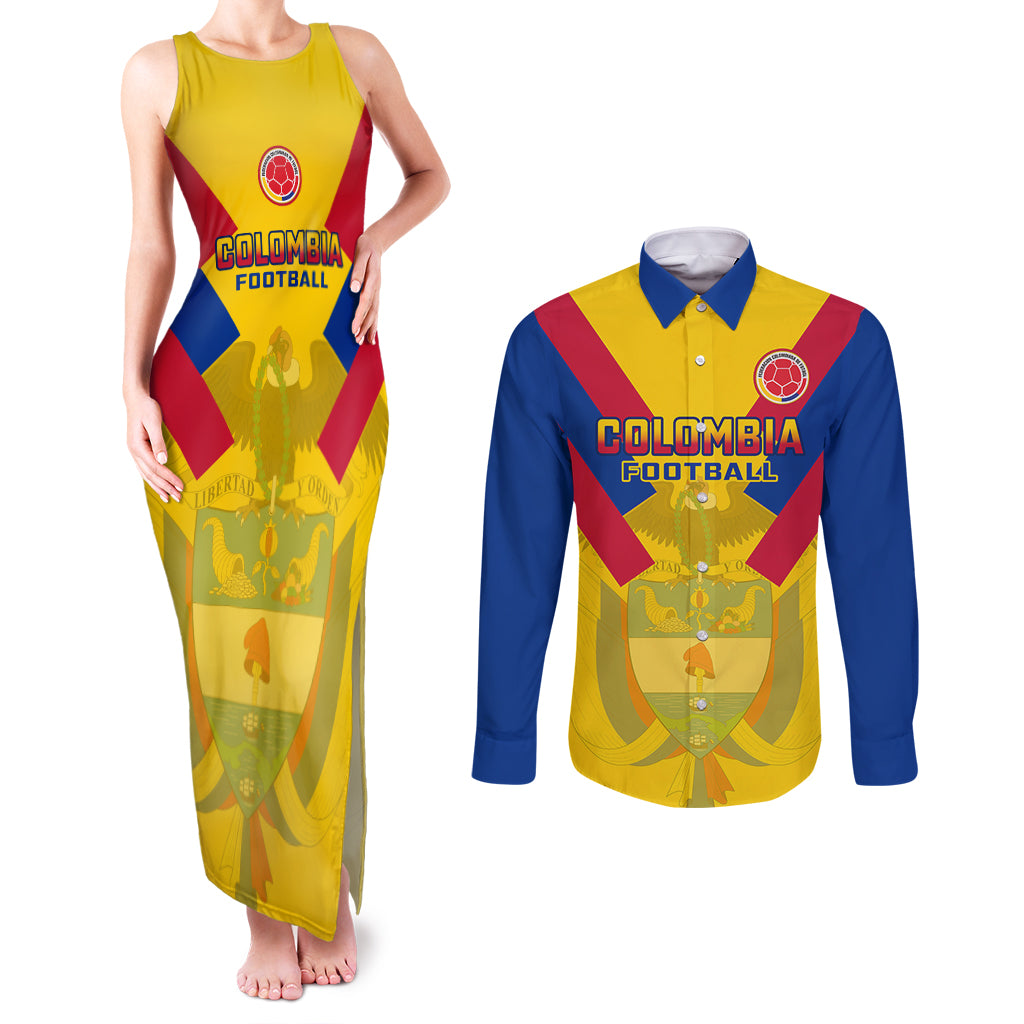 Colombia Football Couples Matching Tank Maxi Dress and Long Sleeve Button Shirts Las Chicas Superpoderosas 2023 World Cup - Wonder Print Shop