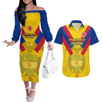 Custom Colombia Football Couples Matching Off The Shoulder Long Sleeve Dress and Hawaiian Shirt Las Chicas Superpoderosas 2023 World Cup - Wonder Print Shop
