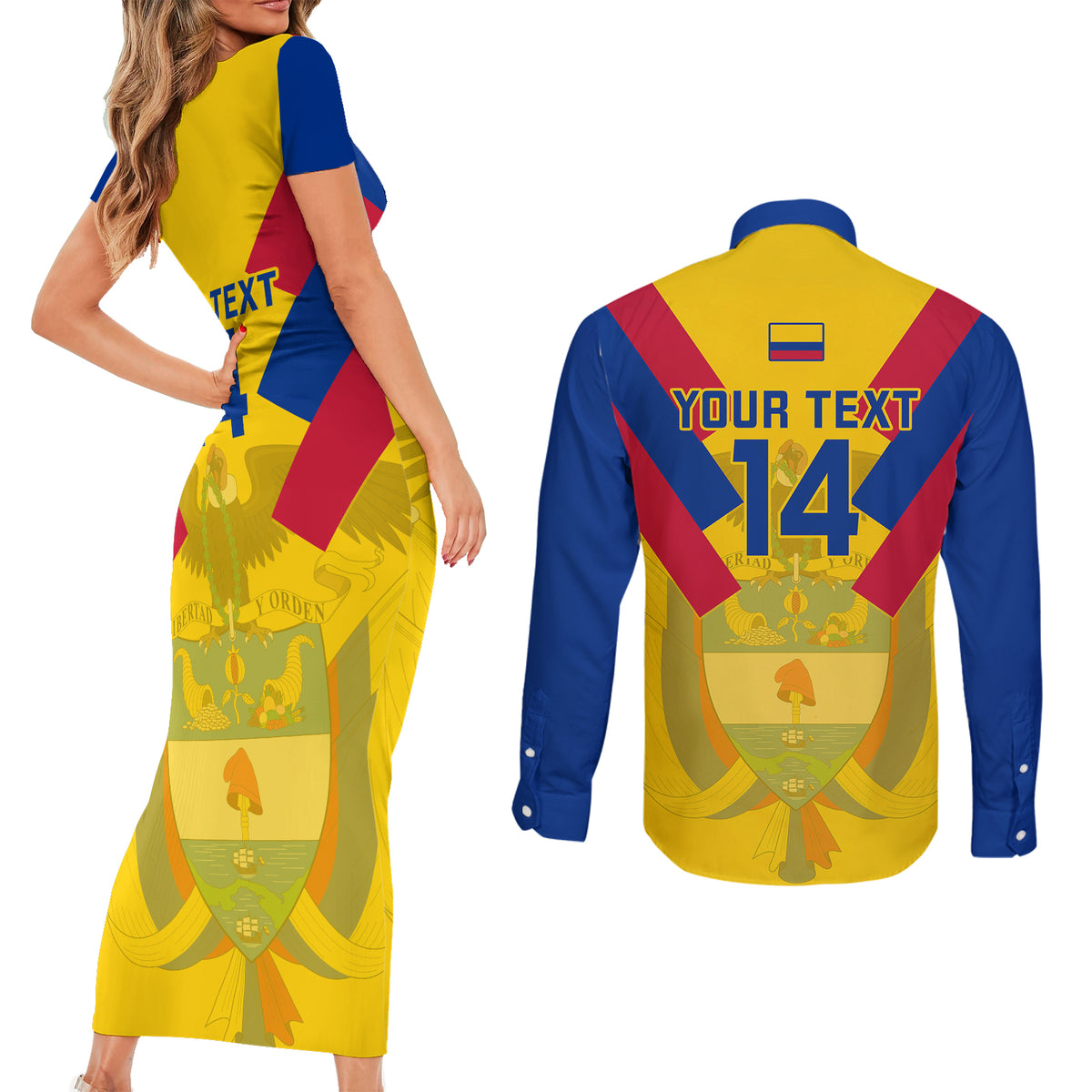 Custom Colombia Football Couples Matching Short Sleeve Bodycon Dress and Long Sleeve Button Shirts Las Chicas Superpoderosas 2023 World Cup - Wonder Print Shop