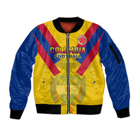 Unisex yellow, blue and red striped zip bomber jacket with ribbed cuffs and collar