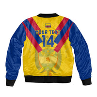 Unisex yellow and blue bomber jacket back with red chevrons, 'YOUR TEXT' and 14