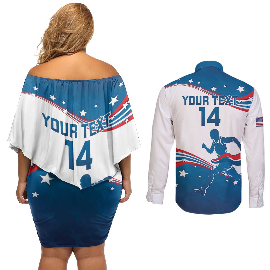 Custom USA Athletics Couples Matching Off Shoulder Short Dress and Long Sleeve Button Shirt 2024 United States Flag Curve Style - Wonder Print Shop