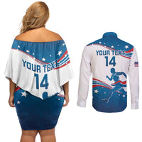 Custom USA Athletics Couples Matching Off Shoulder Short Dress and Long Sleeve Button Shirt 2024 United States Flag Curve Style - Wonder Print Shop