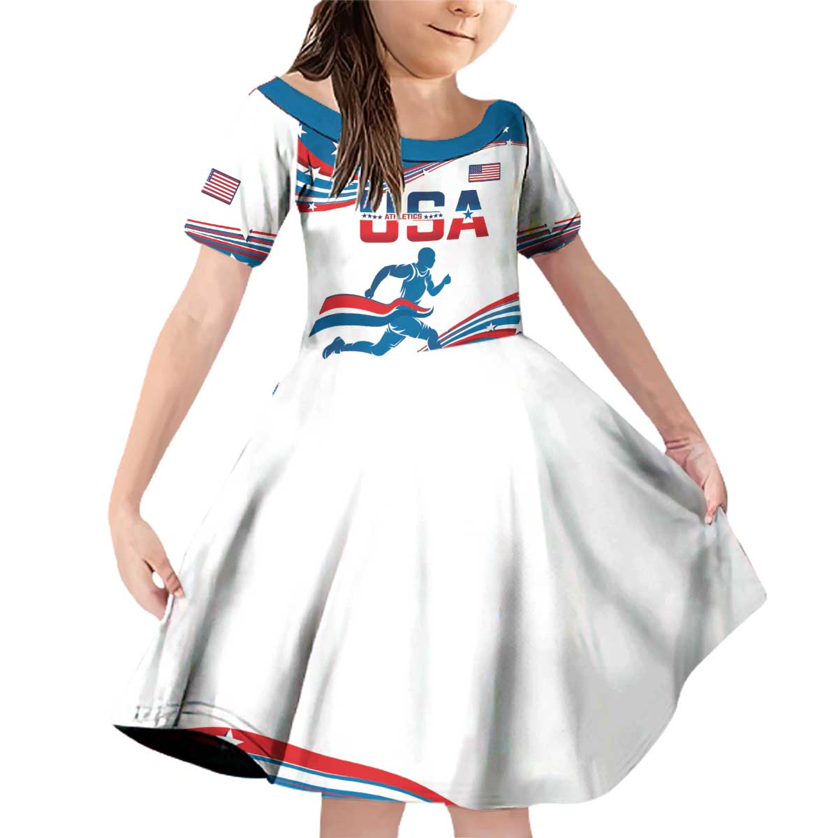 Custom USA Athletics Family Matching Off Shoulder Short Dress and Hawaiian Shirt 2024 United States Flag Curve Style - Wonder Print Shop