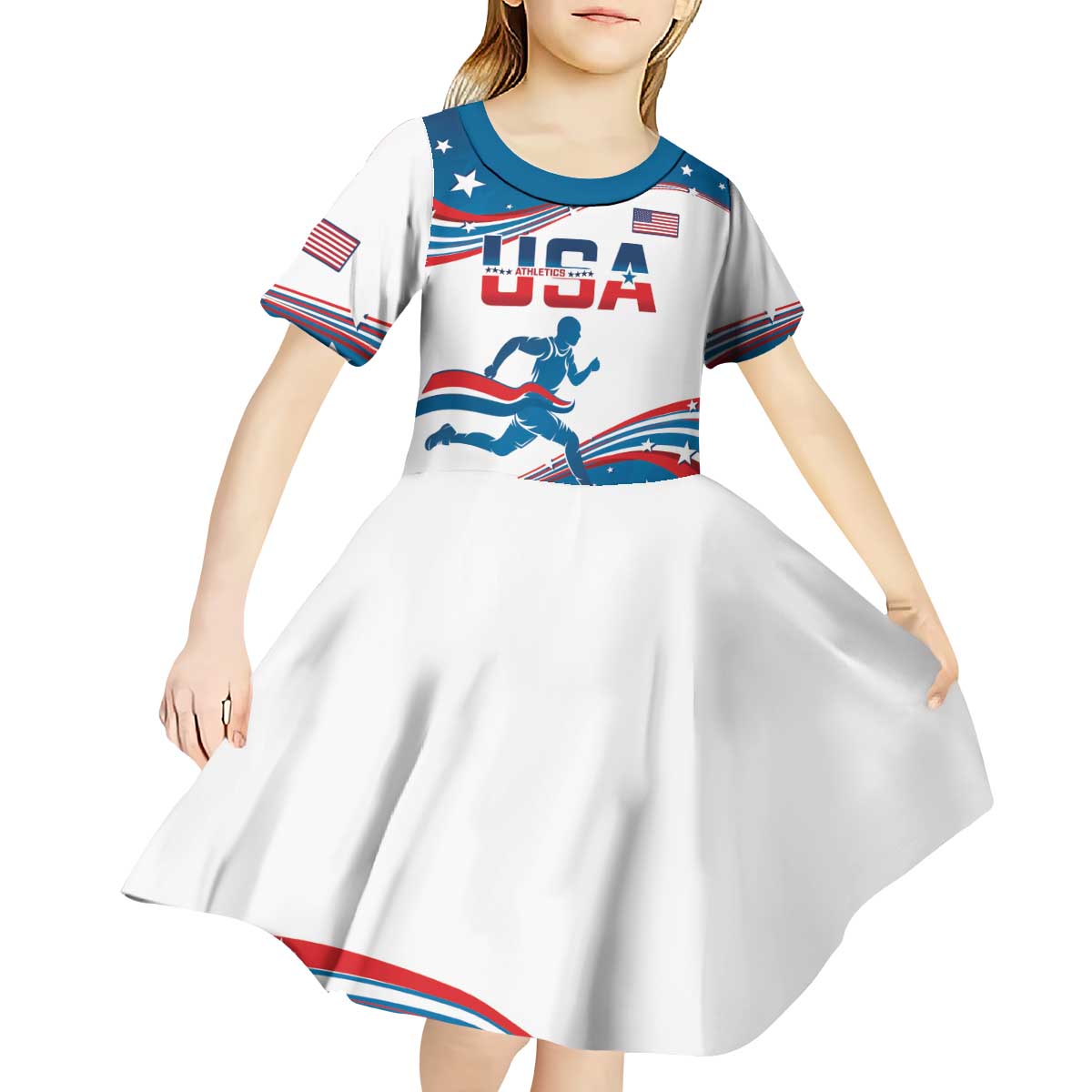 Custom USA Athletics Kid Short Sleeve Dress 2024 United States Flag Curve Style - Wonder Print Shop