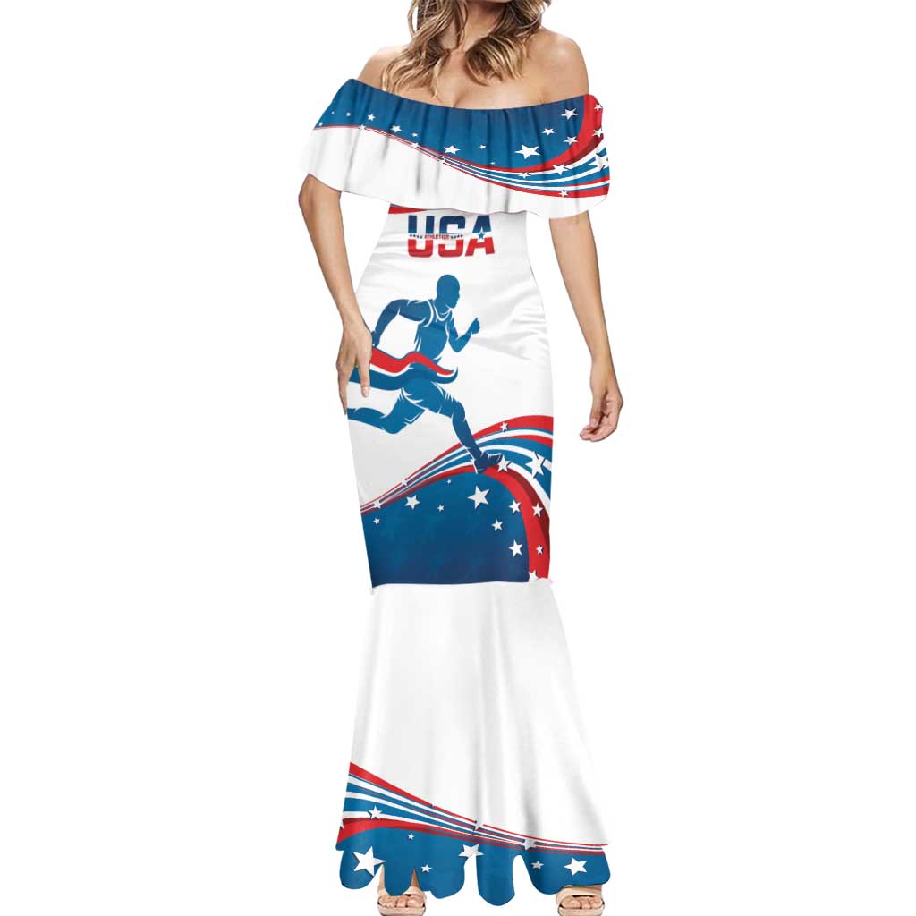 Custom USA Athletics Mermaid Dress 2024 United States Flag Curve Style - Wonder Print Shop
