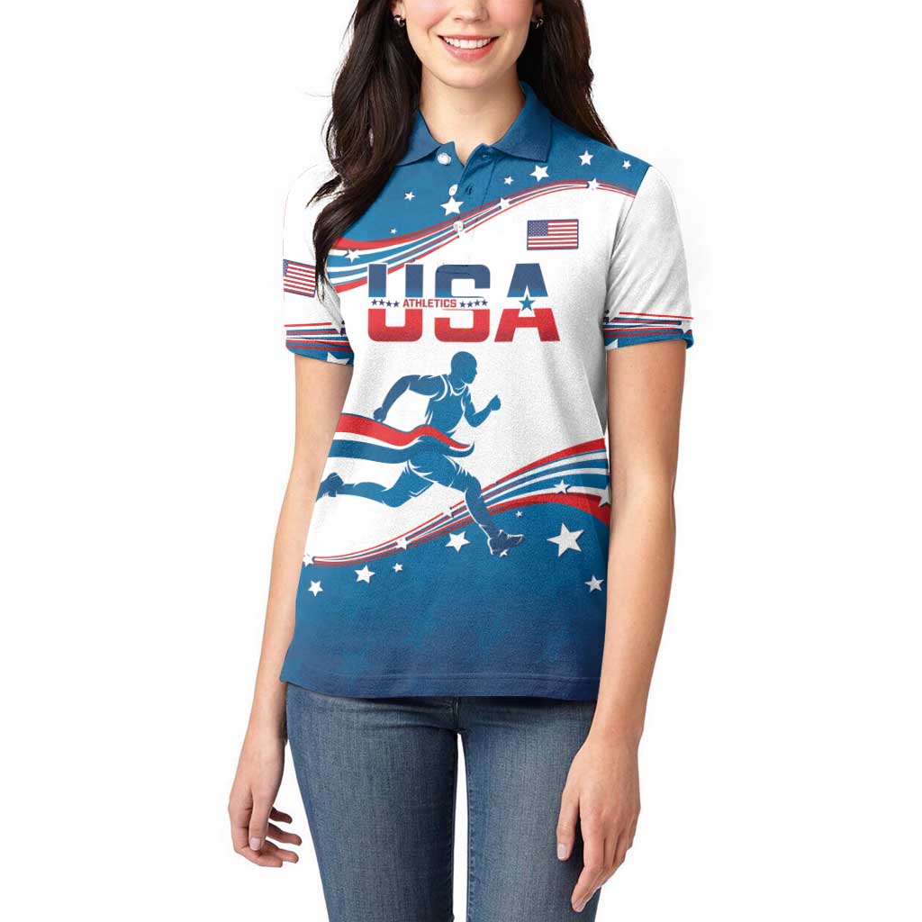 Custom USA Athletics Women Polo Shirt 2024 United States Flag Curve Style - Wonder Print Shop
